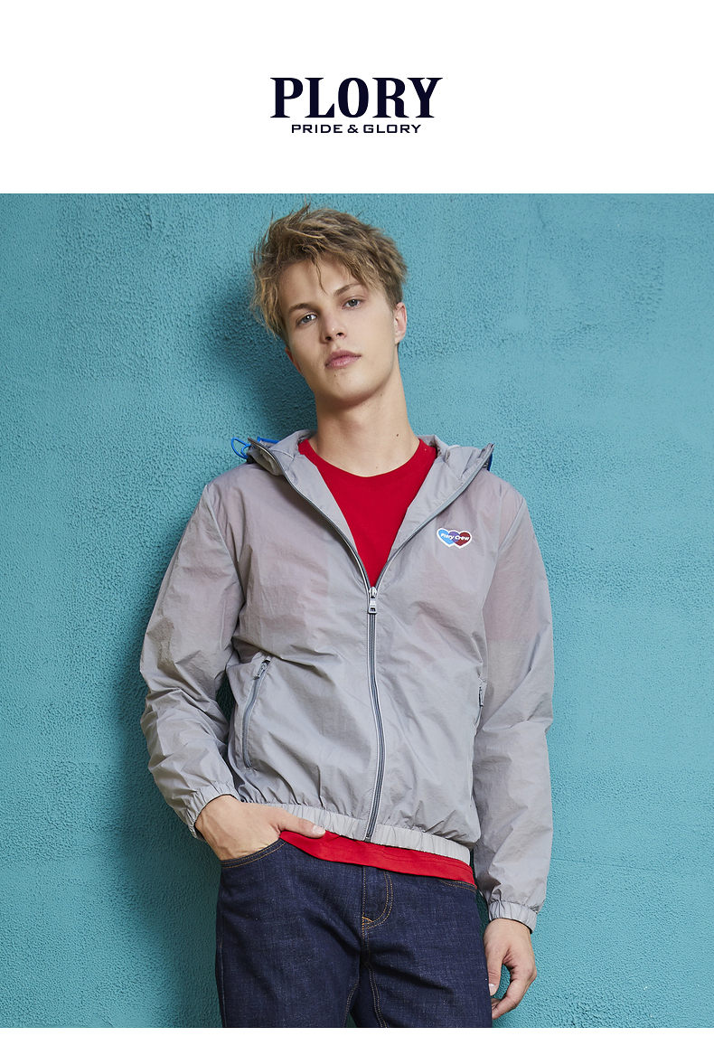 plory春季男士上衣运动风休闲简约舒适时尚棒球服外套男夹克薄款灰色