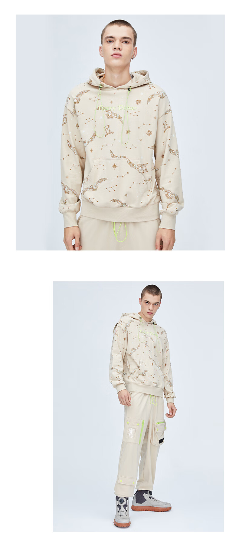 波特联名满印猫头鹰星星情侣卫衣540211卡其色xs尺码偏大请参考尺码表