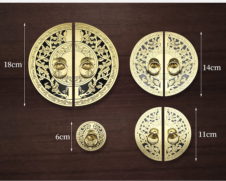 新中式柜子拉手圆盘大花边发财树仿古明清家具配件铜橱柜铜拉手6cm