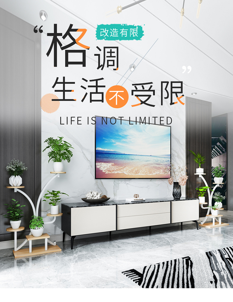 客厅花架简约室内绿萝落地带轮多层置物架北欧铁艺轻奢多肉花盆架 黑架+黑石纹板