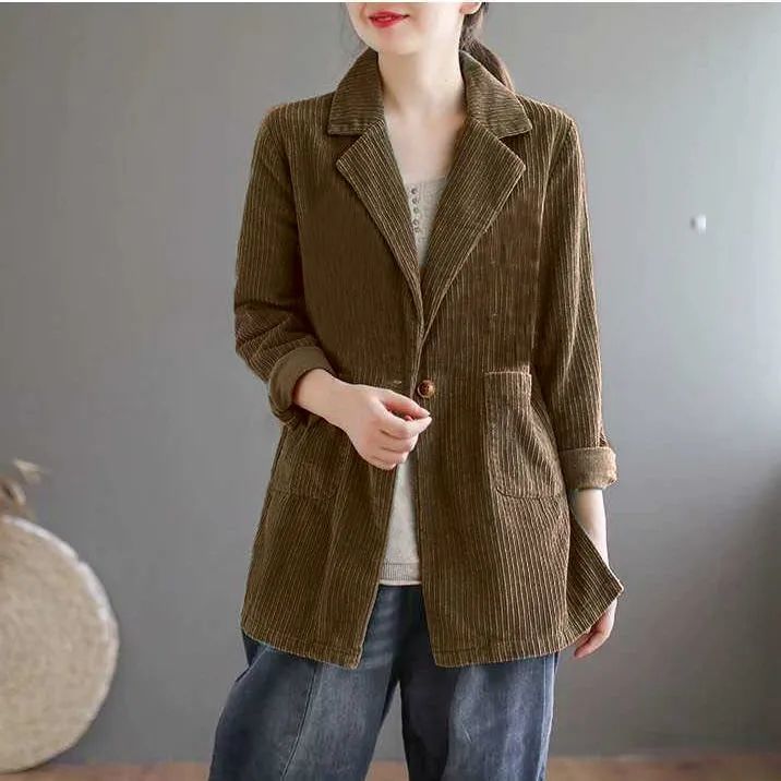 灯芯绒外套女2020新款复古文艺条绒小西装上衣宽松显瘦休闲西服女 墨