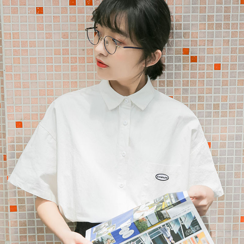 ahka夏季短袖衬衫女学生韩版宽松外穿盐系百搭衬衣上衣女洋气夏天白色