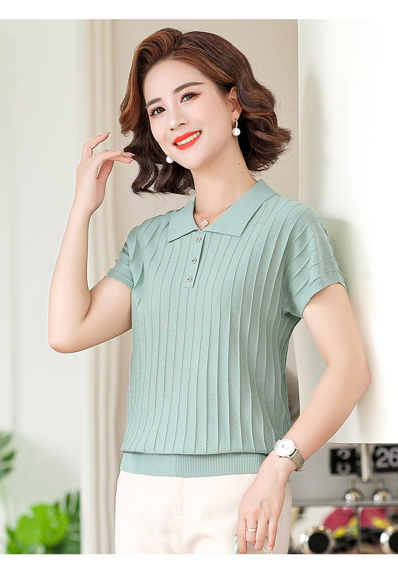 恒源祥纯色翻领短袖t恤女夏装新款妈妈装短款上衣宽松显瘦套头衫byzb