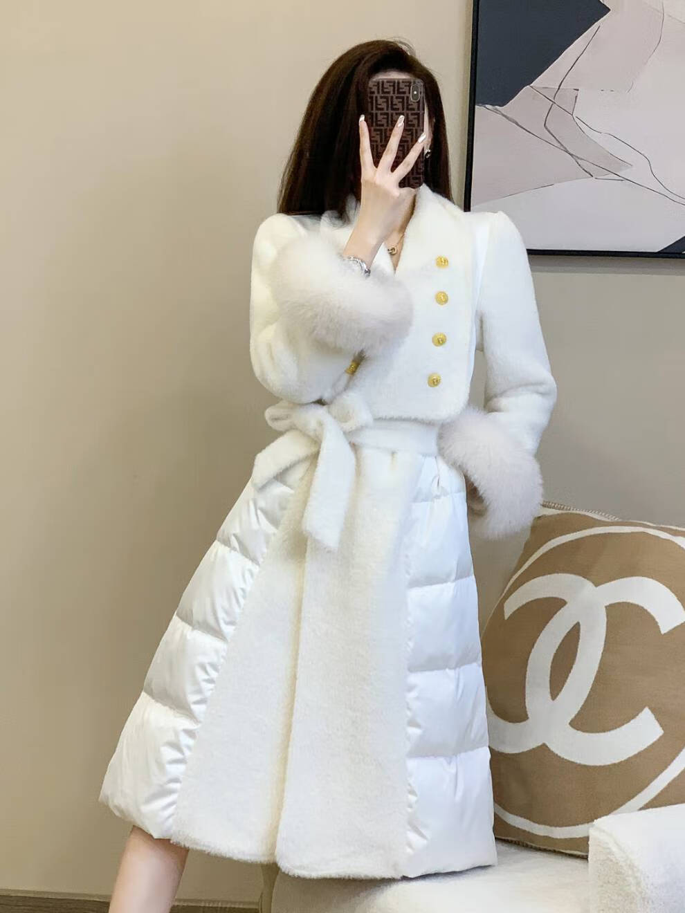 赫本风羽绒服 白色羽绒服女2022年时尚高级感赫本风洋气大衣毛呢外套