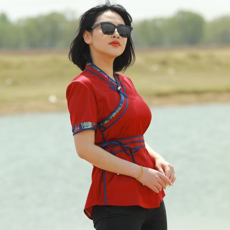成人夏季日常蒙古族服装蒙古袍女夏蒙古女族蒙古服饰女蒙古素短袖半袖