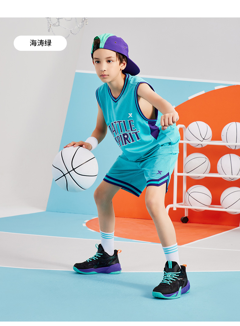 特步儿童篮球服运动套装2022夏季新款男童两件套无袖速干背心短裤 深