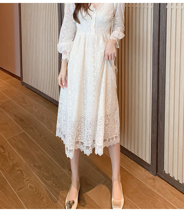 格领特 白色裙子秋冬季女装高档蕾丝连衣裙长款加绒加厚打底裙温柔风