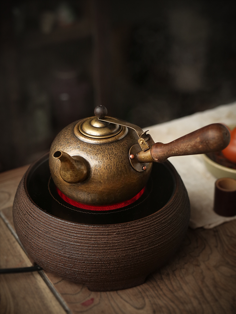 名媛时代手工锻打锤目纹侧把铜壶 炭炉黄铜烧水壶 电陶炉煮茶器 紫铜