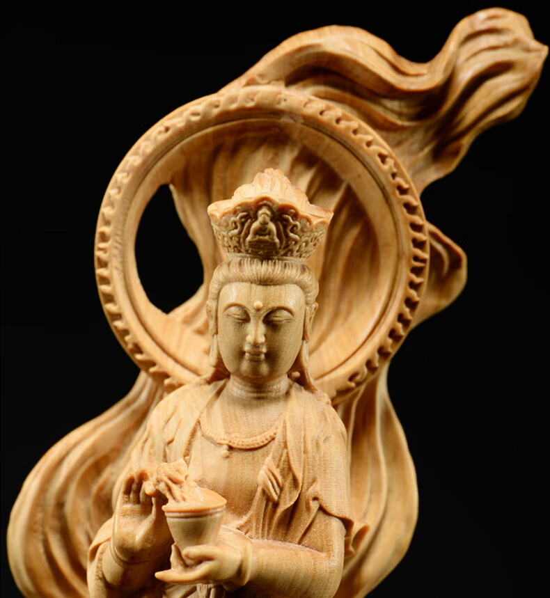 崖柏木雕自在观音摆件实木头雕刻观音菩萨佛像红木家居工艺品整木精雕