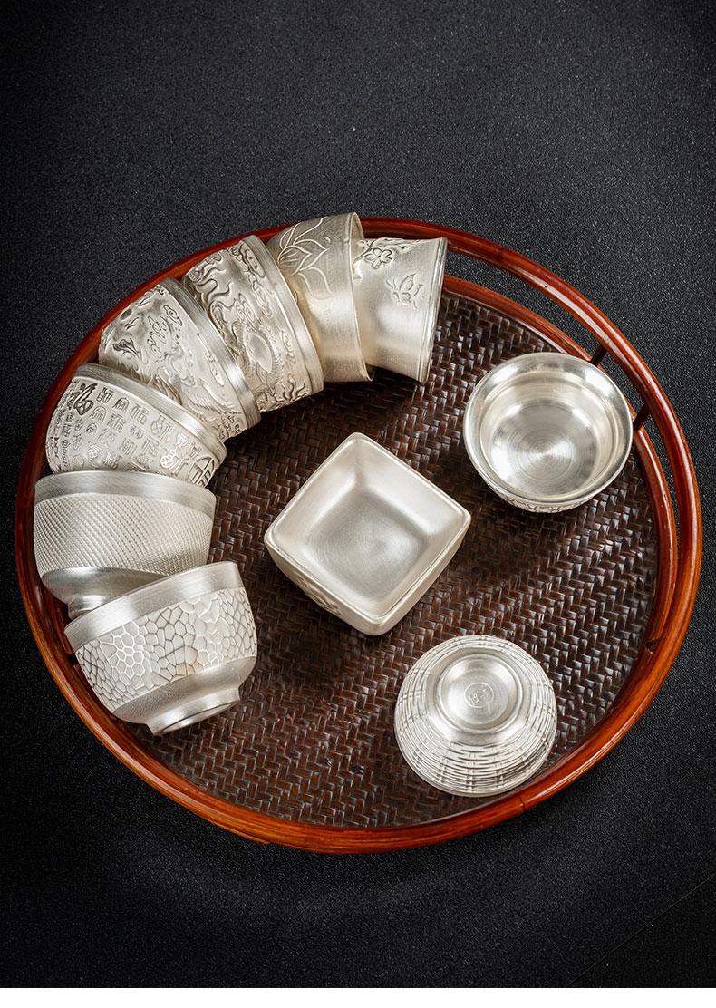 轻奢 银杯子999纯银个人专用主人银茶杯品茗茶盏瓷鎏银养生茶具 全鎏