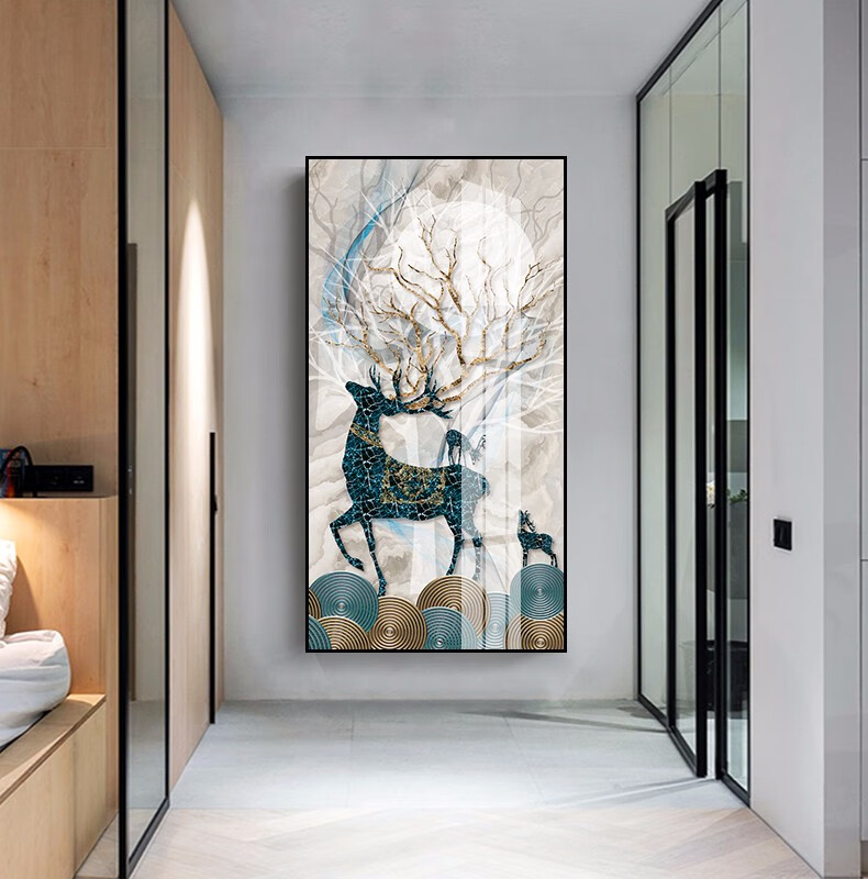 现代简约新中式晶瓷画轻奢挂画鹿玄关玄幻客厅餐厅挂画油画样板间壁画