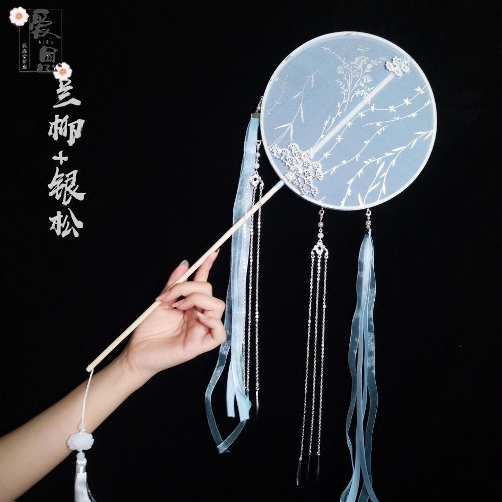 古风团扇长柄流苏宫扇汉服圆扇子女手工破云扇团扇礼品扇 .