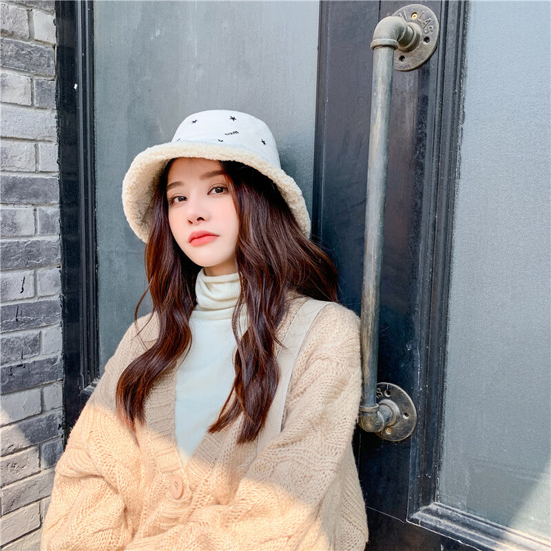 栀锦帽子女毛加绒小檐渔夫帽学生秋冬季保暖韩版毛绒盆帽 卡其色