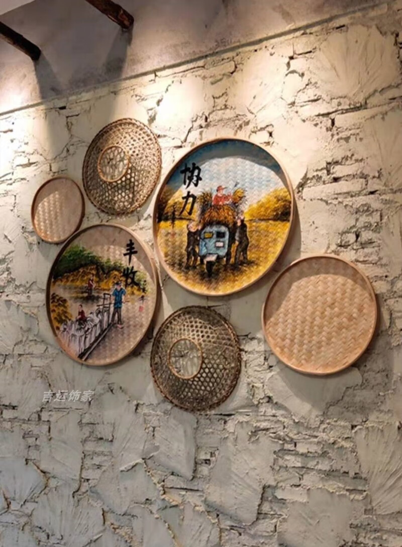通用手绘簸箕画复古怀旧美丽乡村文化墙素材农家乐装饰品竹编田园壁画