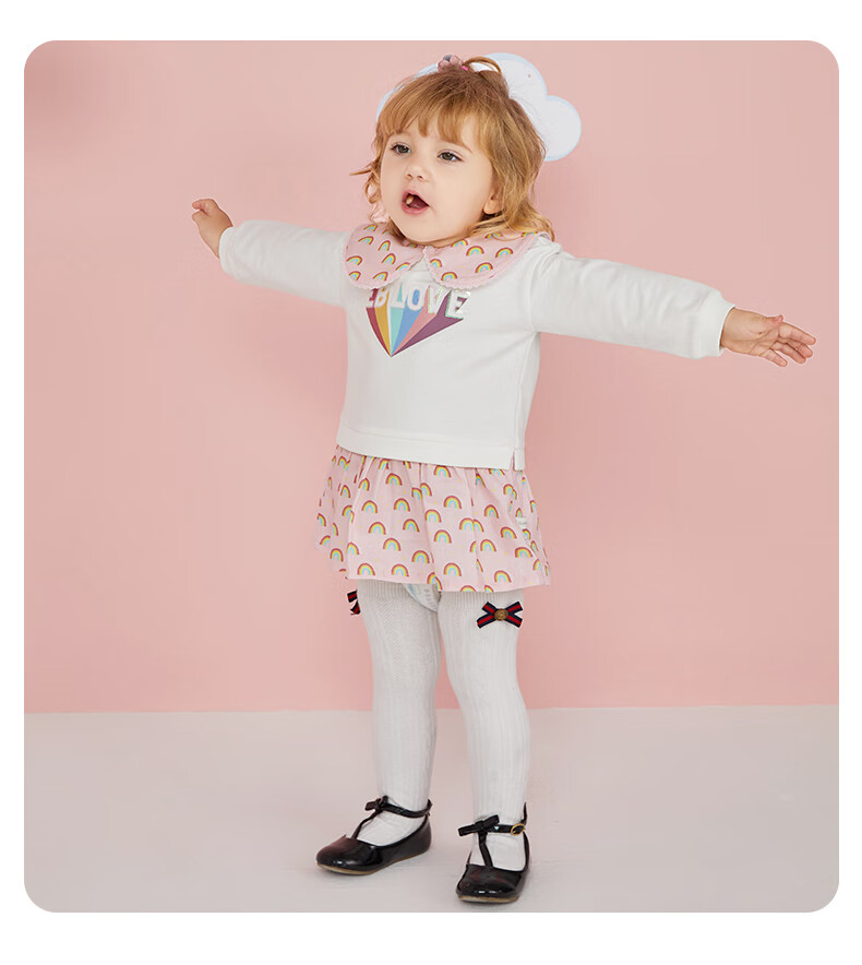 baby 衣恋官方集团依恋婴童春季女宝翻领彩虹印花拼接连衣裙洋气童装