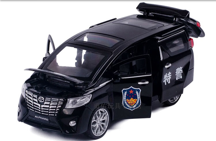 儿童小孩玩具嘉业1:32合金丰田警车模型侧滑门埃尔法商务警车声光回力