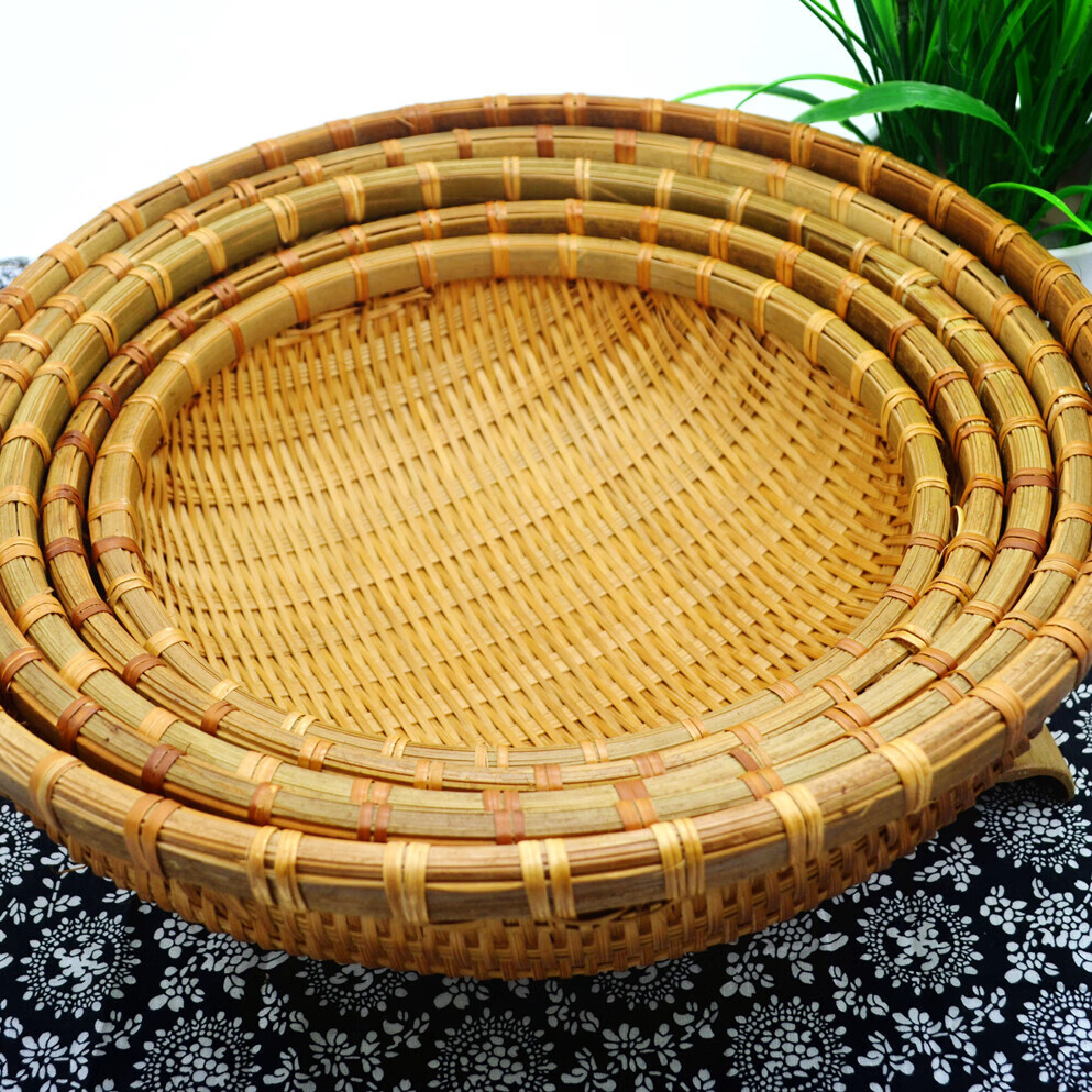圆形竹编簸箕竹编筲箕竹编收纳筐竹制品篮子洗菜装水果馒头烟熏16厘米
