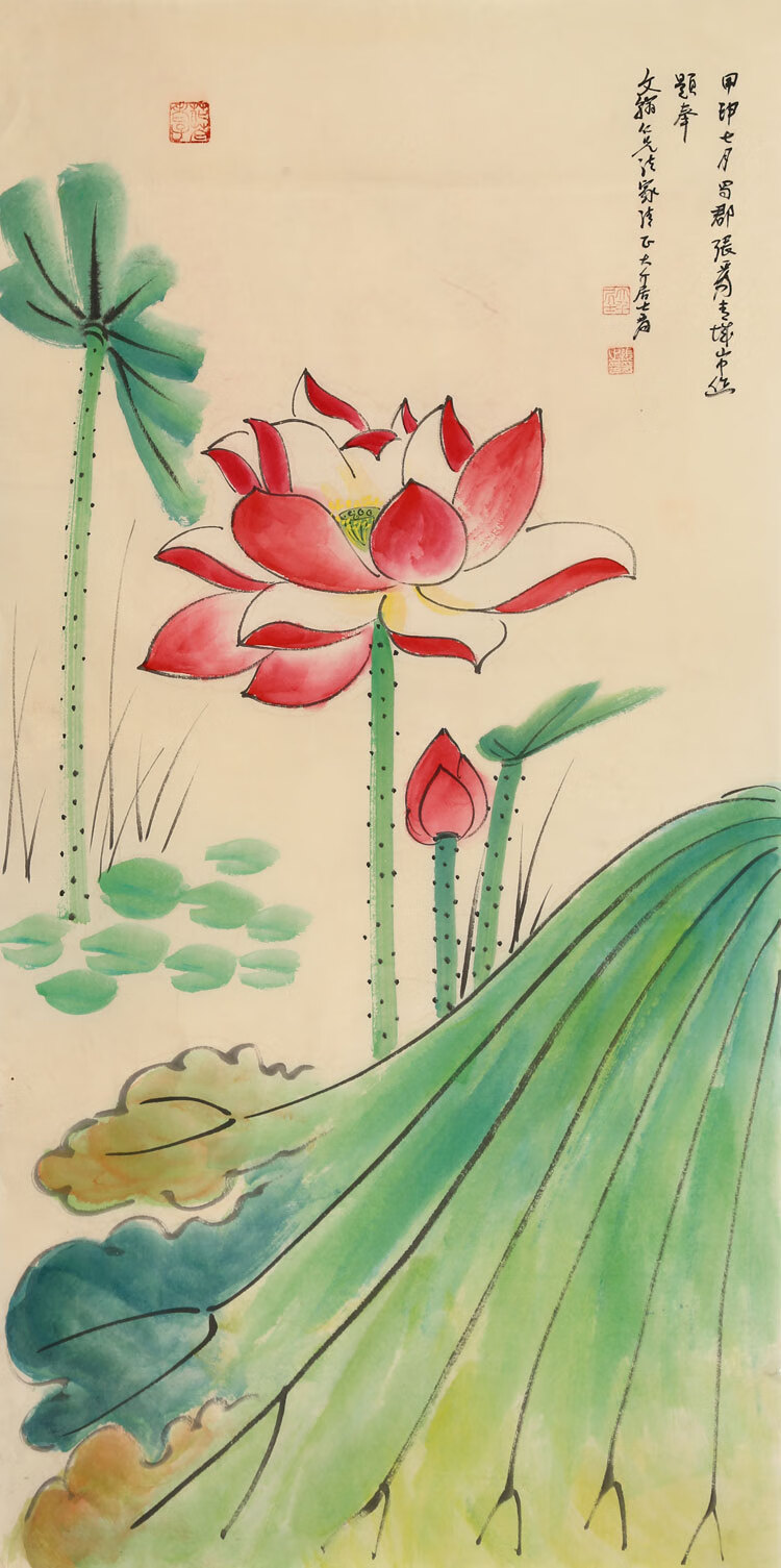 张大千荷花三尺名家花鸟国画纯手绘写意名家字画古玩大师书画收藏纯