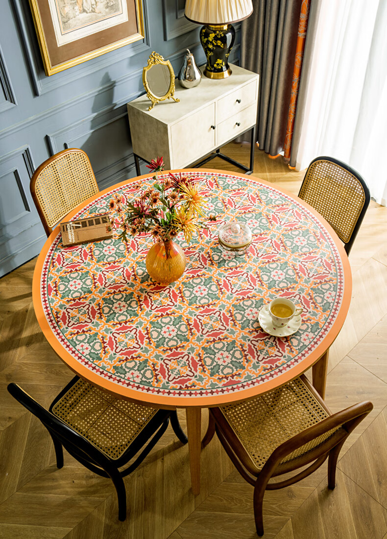 童路复古圆桌桌布防水防油免洗皮革桌垫餐桌台布轻奢高级感防烫茶几垫