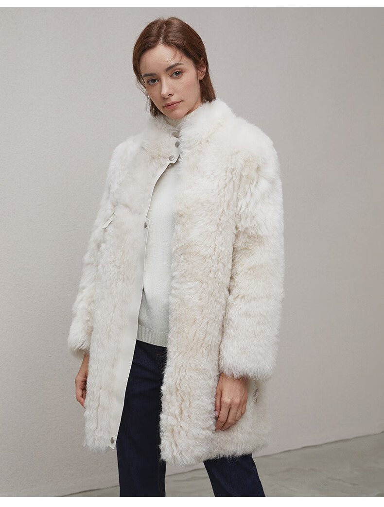 冬季新款羊皮毛皮毛一体立领海宁皮草中长大衣绵羊皮外套女米白色42xl