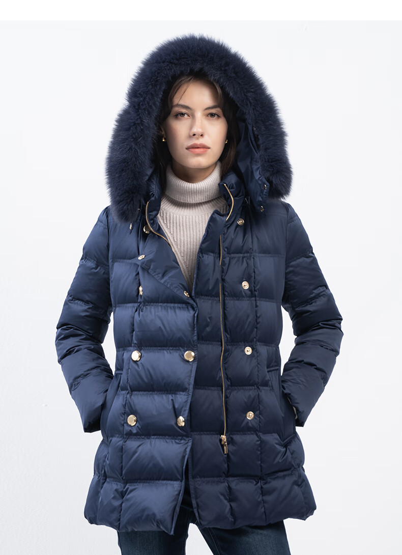 反季清货scofield女装冬季毛领双排扣鹅绒服紫红色160