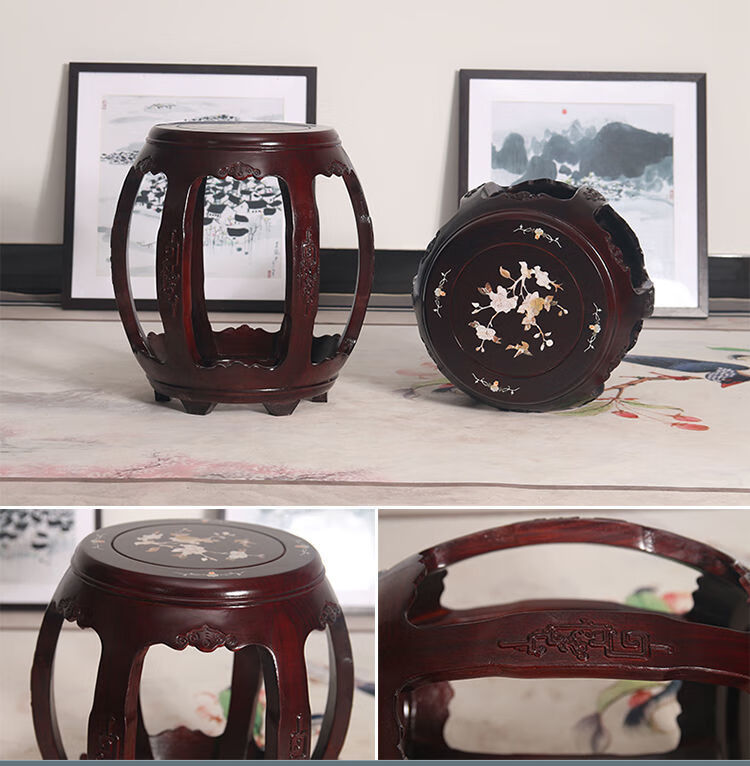 新中式小凳子木鼓凳新款中式实木圆凳印花鼓凳木木鼓墩仿古贝雕古筝
