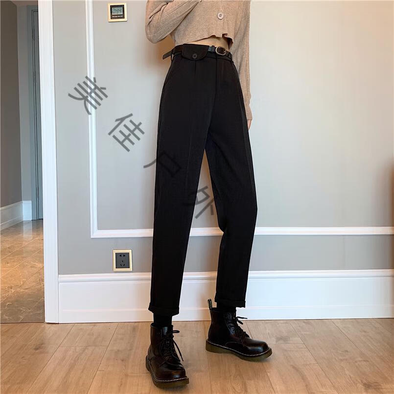 搭配马丁靴的裤子女秋冬九分裤宽松直筒裤黑色西装裤配靴子 马丁靴 短