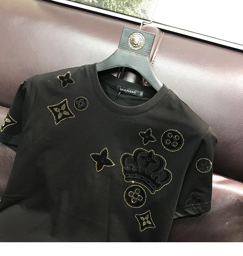 lv意大利国际轻奢侈品大牌夏季欧货潮牌男士大码烫钻欧洲站百搭短袖男