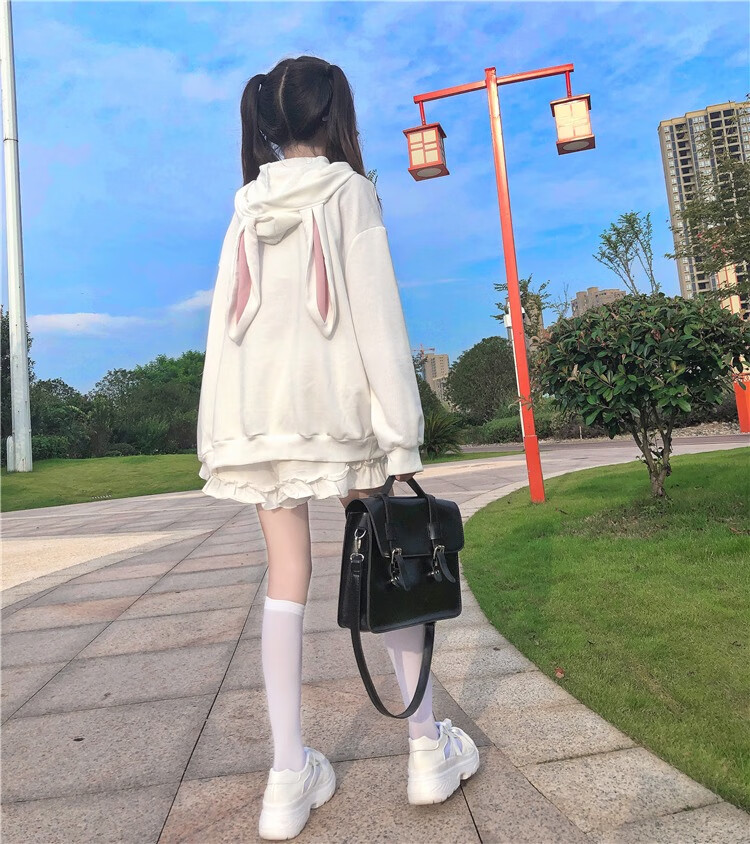 加绒加厚可爱兔耳朵连帽卫衣女jk日系子宽松上衣韩版初秋季ins潮 443