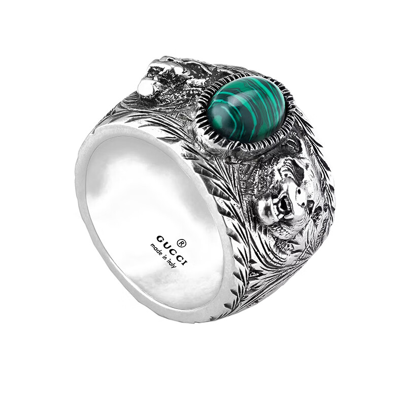gucci古驰22春夏新款绿色花纹孔雀石虎头刻花纯银花园戒指银饰孔雀石