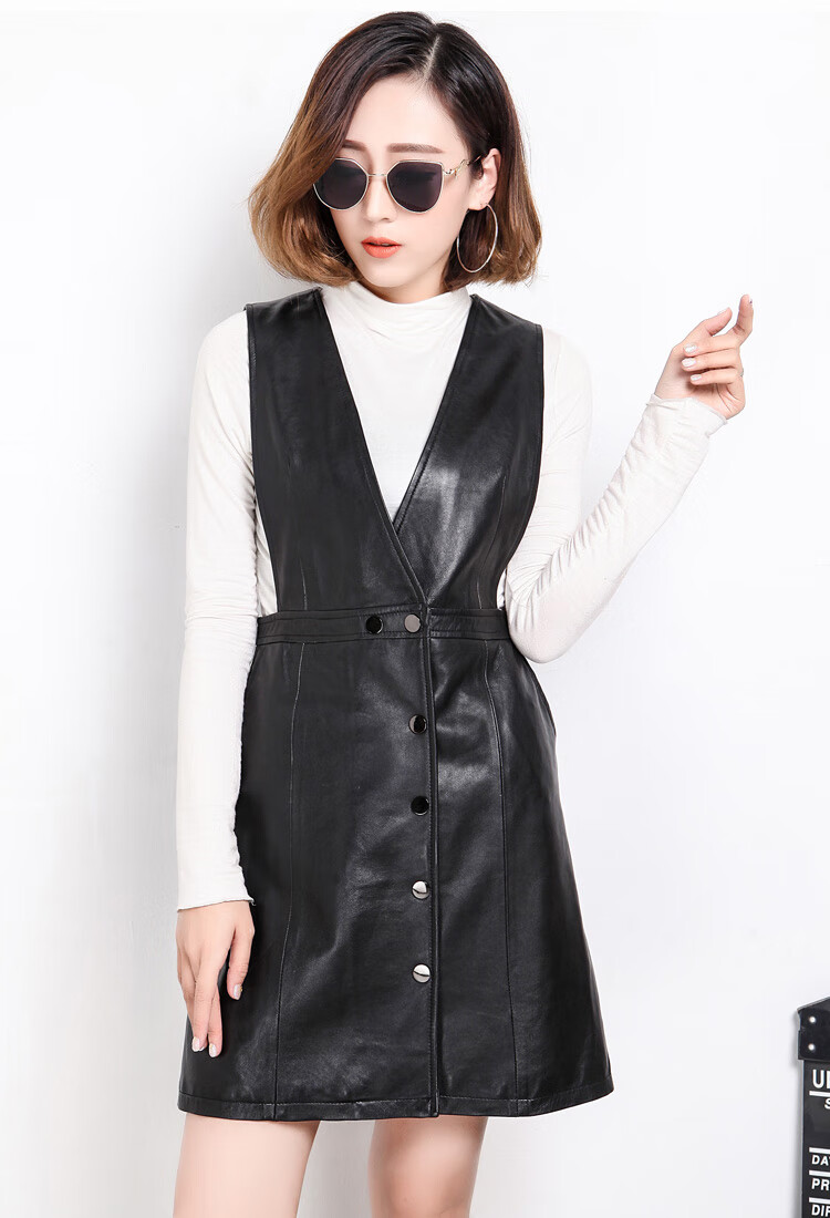 连衣真皮皮裙秋冬新款显瘦百搭女中长款背带裙包臀真皮连衣裙黑色m