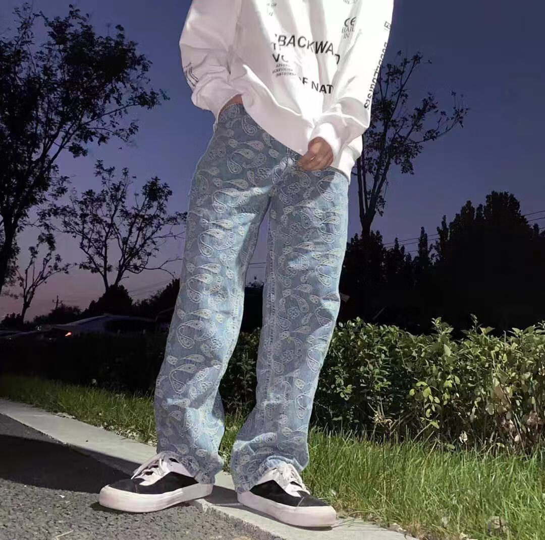 商场同款pauzto轻奢春夏ins国潮高街1807满印印花腰果花牛仔裤男女