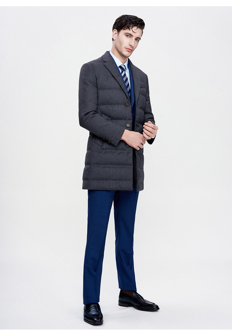 jodoll乔顿羽绒服男轻薄中长款保暖商务修身男士西装领白鸭绒外套灰色