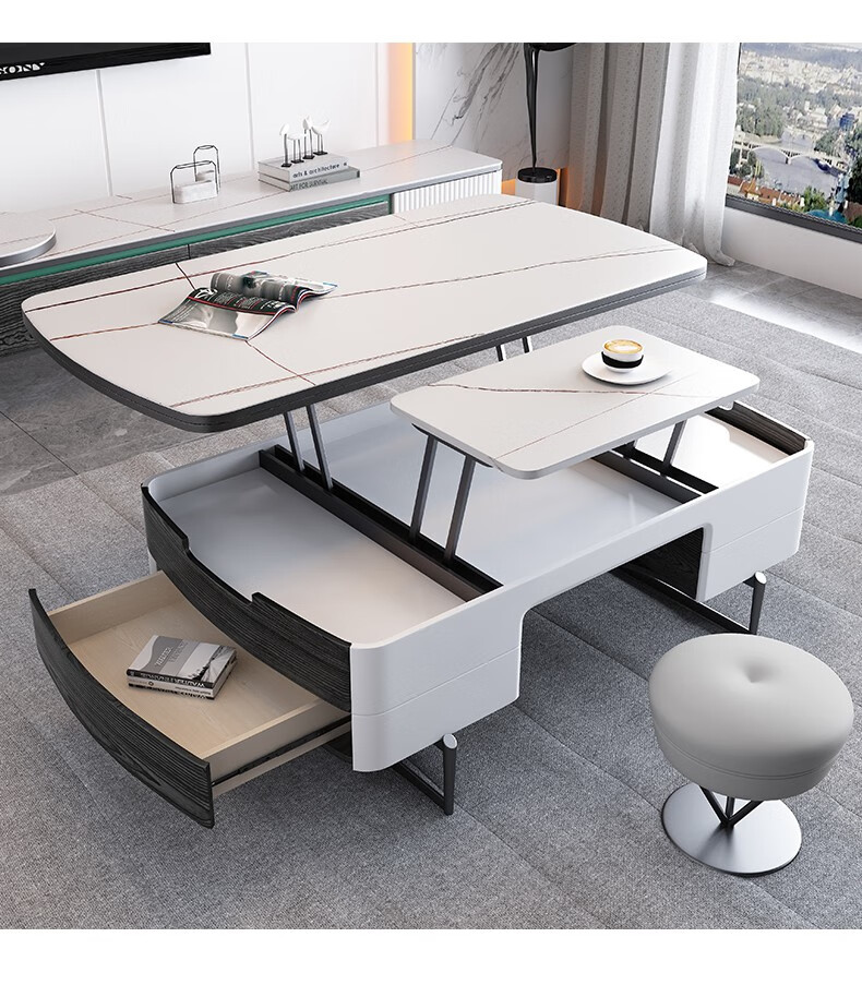 餐桌茶几一体 升降茶几 餐桌两用多功能茶几岩板升降茶几餐桌一体折叠