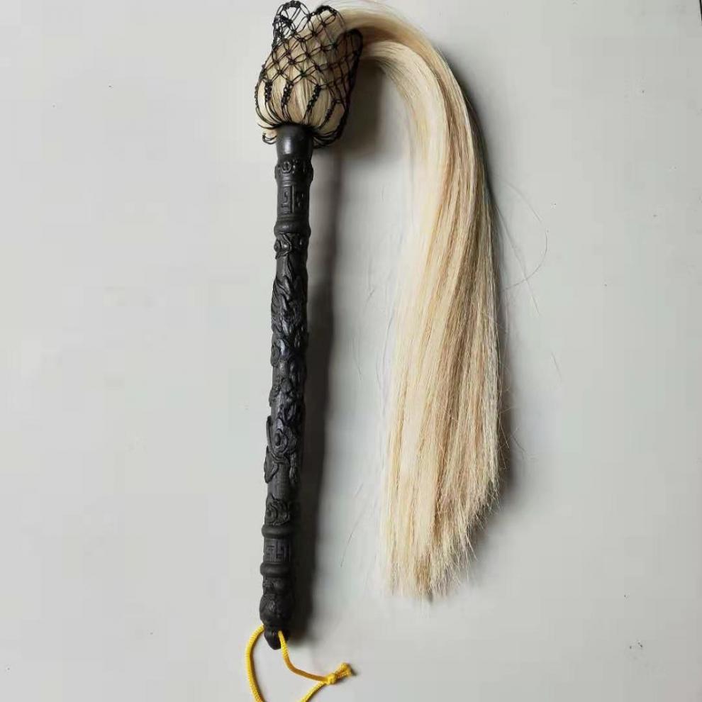 真马尾拂尘盘龙杆桃木柄太浮尘道教佛尘蝇甩子道士法器纯马尾70长6两
