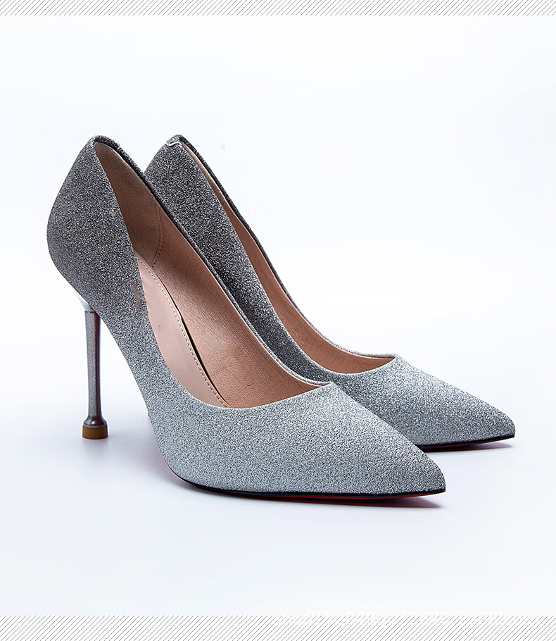 海伦迪恩品牌细跟高跟鞋女2021年新款春秋亮片单鞋女婚鞋百搭尖头浅口