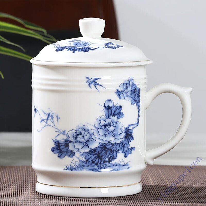 麦岭茶杯陶瓷带盖1000毫升大容量办公室水杯青花瓷个人杯子大青山红树