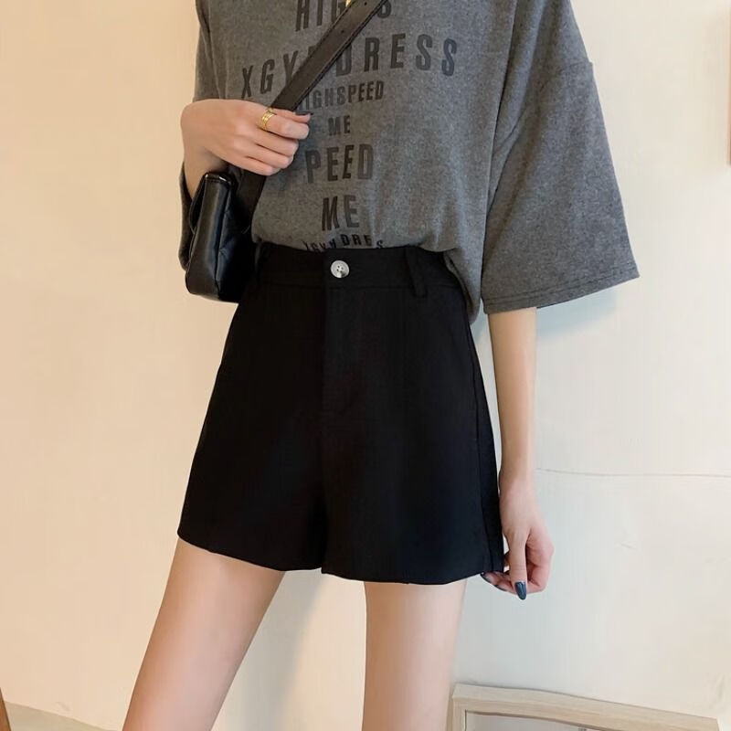 夏天外穿短裤高腰短裤女秋季韩版学生休闲宽松西装裤高腰百搭黑色阔腿