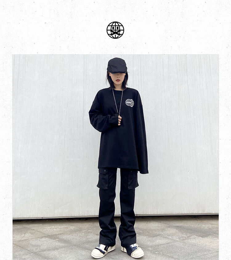 国潮404mob潮牌阴阳腰果花创意图案圆领长袖t恤男ins纯棉宽松情侣t恤