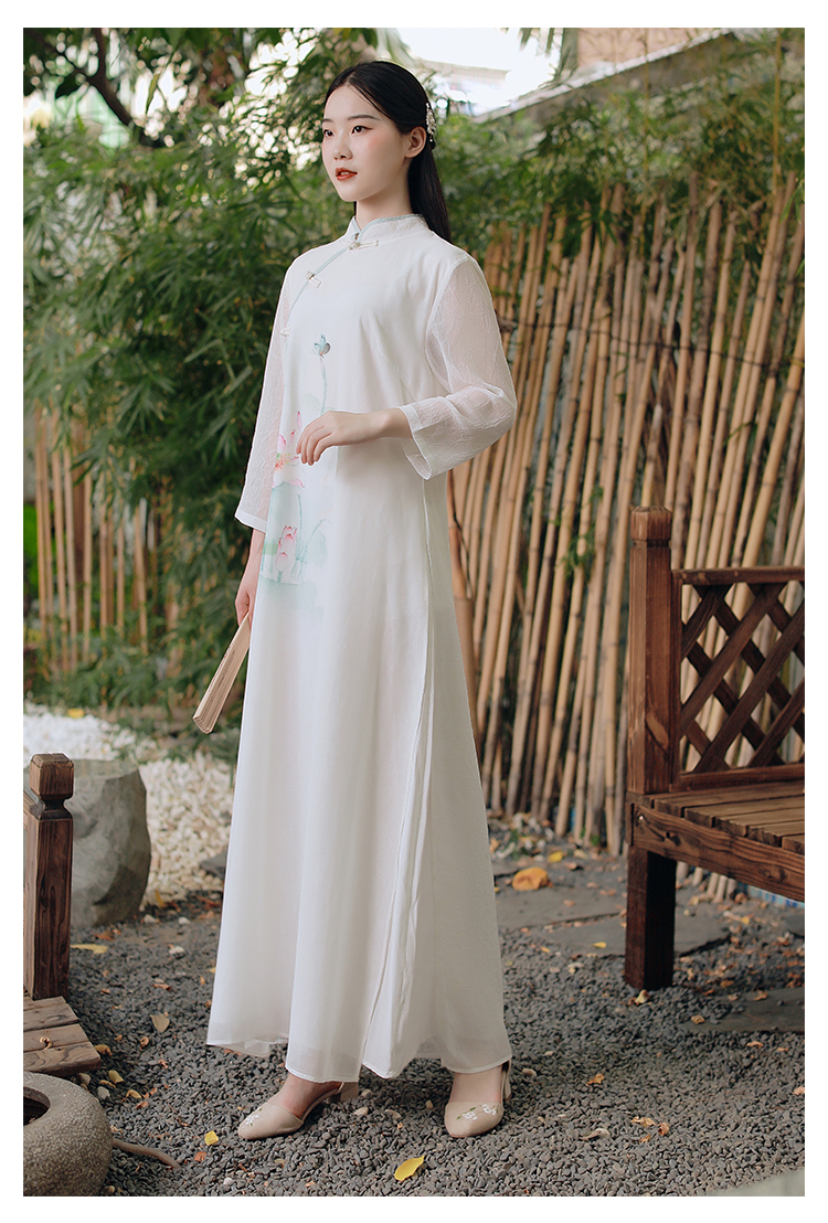 禅茶服茶艺服装女茶人服女中国风改良系带斜襟旗袍禅意文艺复古常规款