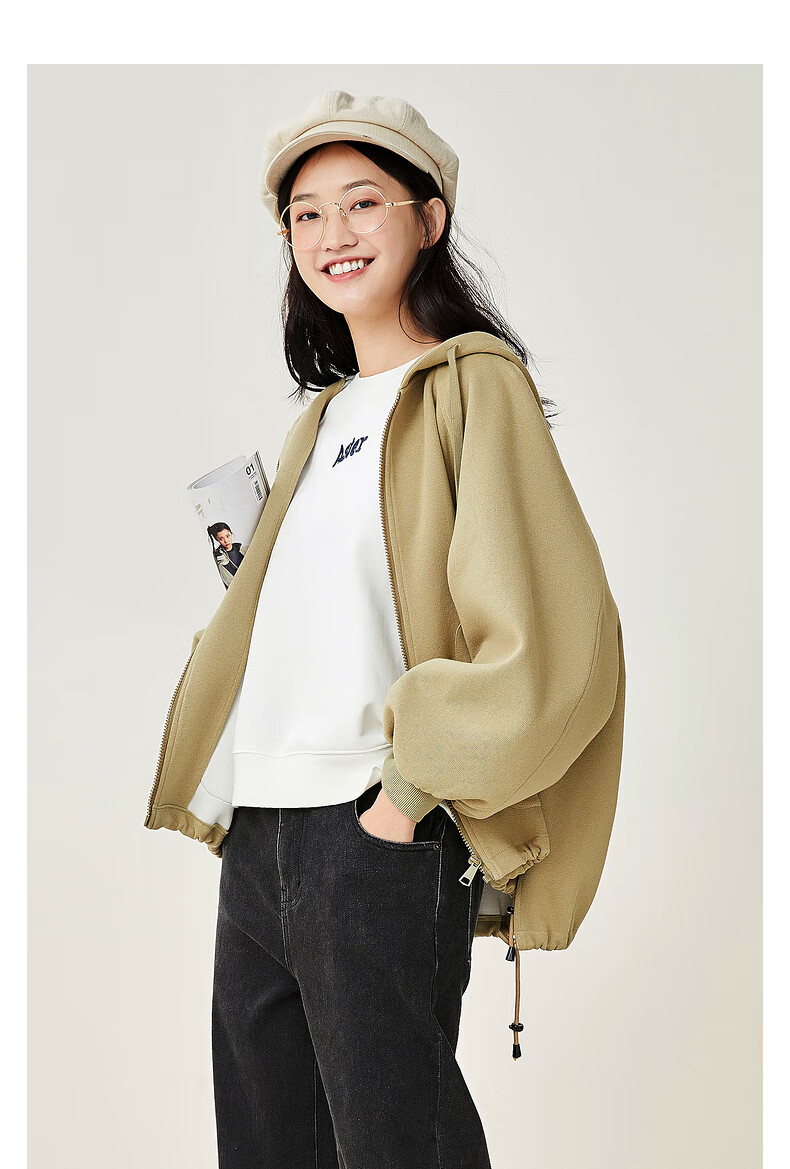 初系列 紫涵2021年春季新款女连帽外套灯笼袖上衣宽松卫衣料夹克 米金