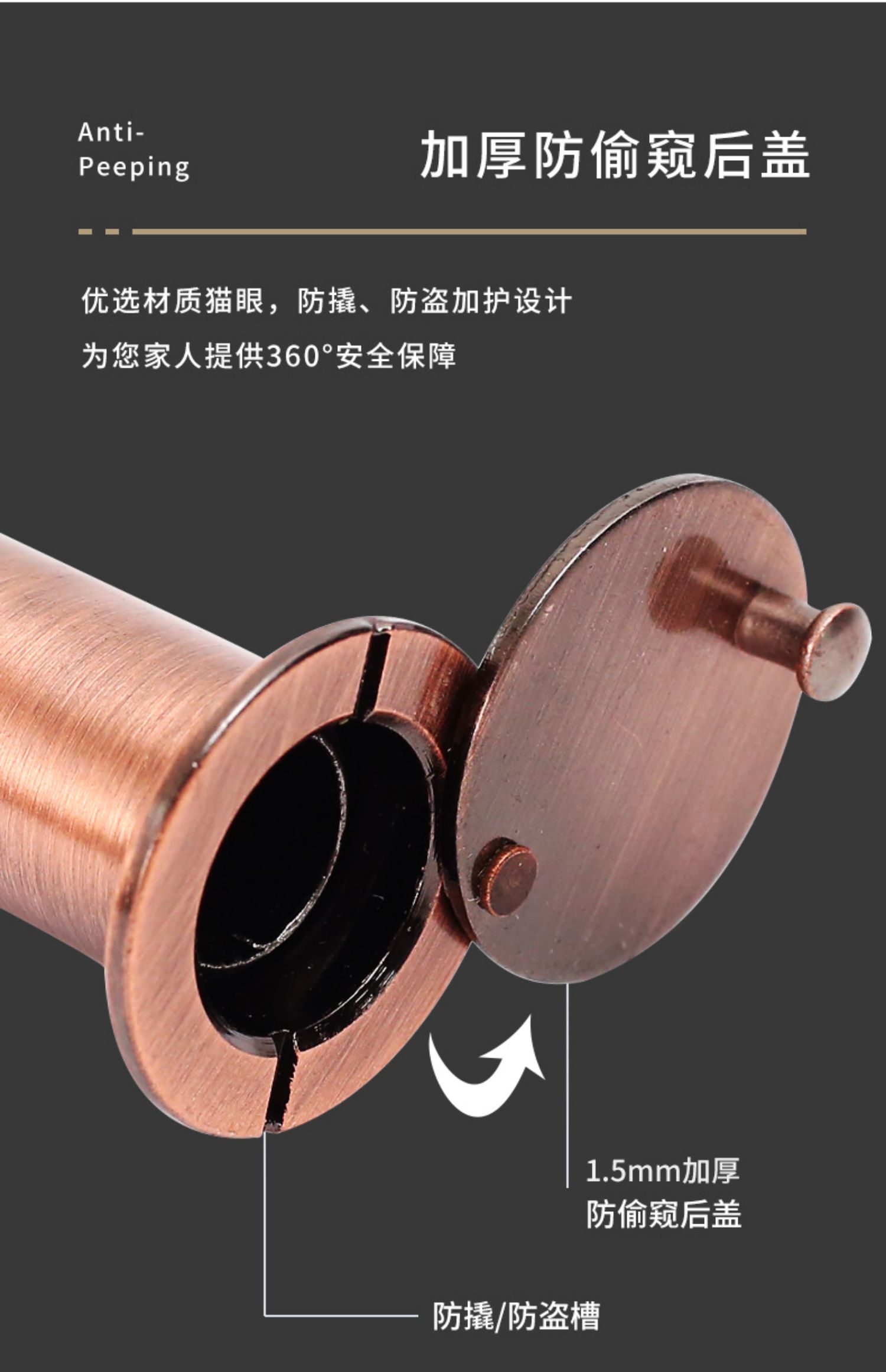 门铃二合一通用猫眼防盗器阙拈芊 孔径16-21mm门厚50-70(默认发红古铜