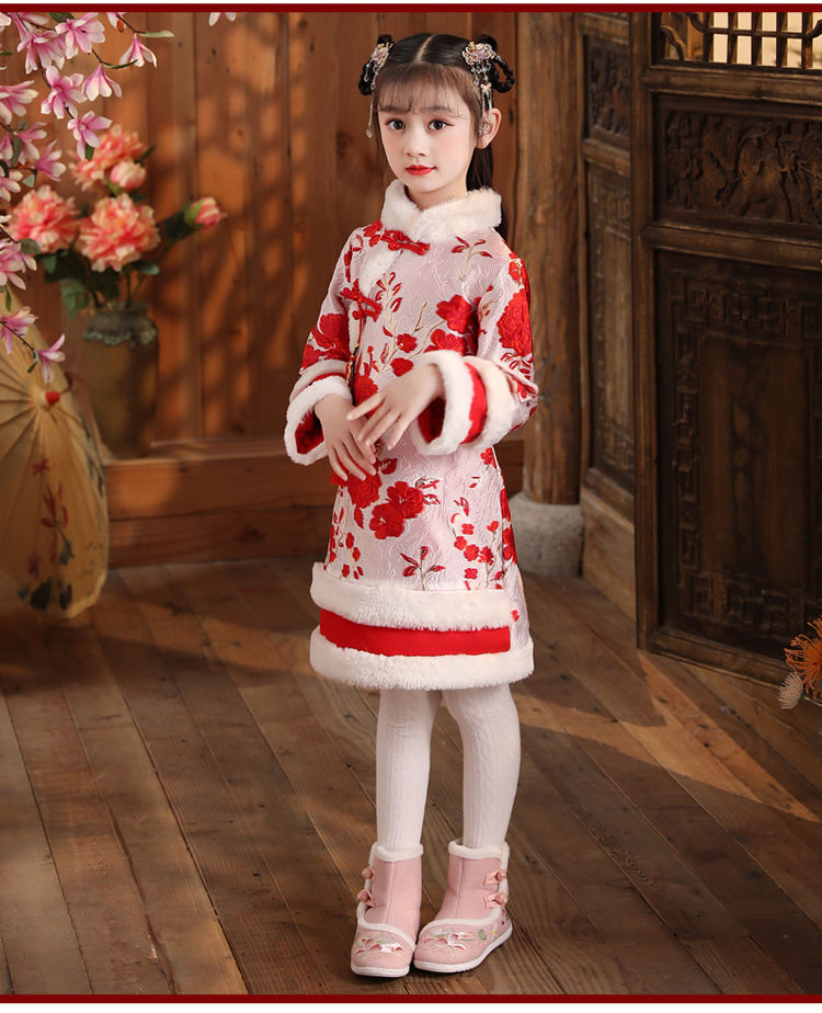 女童拜年服儿童唐装连衣裙汉服中大童中国风女孩加厚喜庆裙子冬季 h