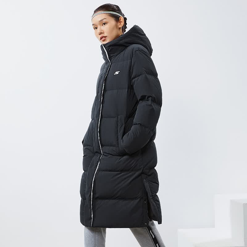 skechers斯凯奇官方女装外套2021冬季新款运动服长款连帽保暖羽绒服