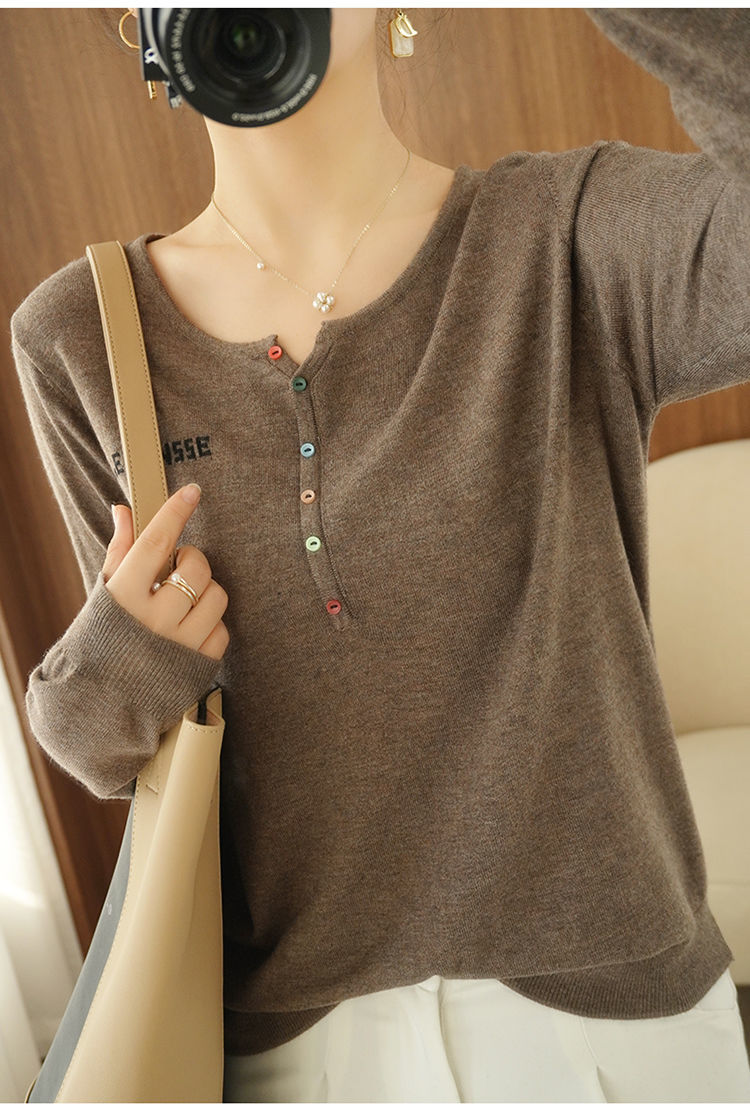 纯棉线针织2021春季新款慵懒风宽松半开领打底衫女驼色m100斤之内