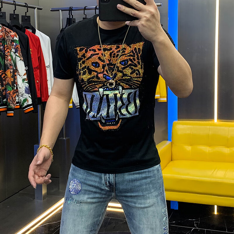品牌男士夏季欧货潮牌体恤烫钻短袖t恤修身猎豹烫钻个性流行薄款潮流