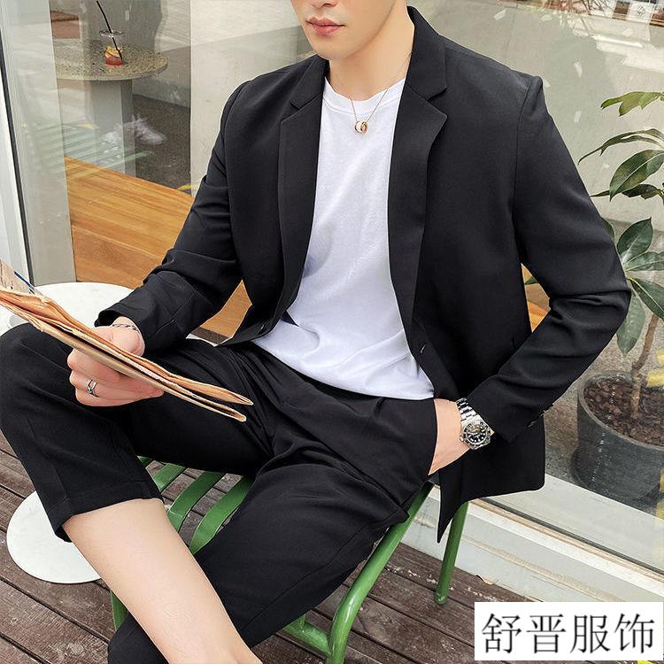 男痞帅春秋休闲黑上衣潮流帅气青年西装西装y73九分裤k11s2785斤左右