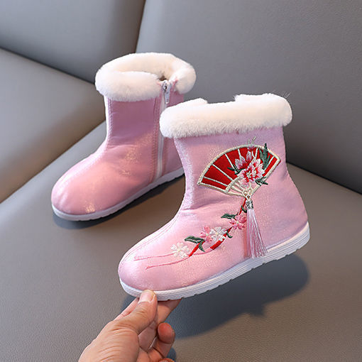 迪士尼儿童汉服鞋冬古风靴季女童绣花古装靴小女孩短靴中国风保暖棉靴