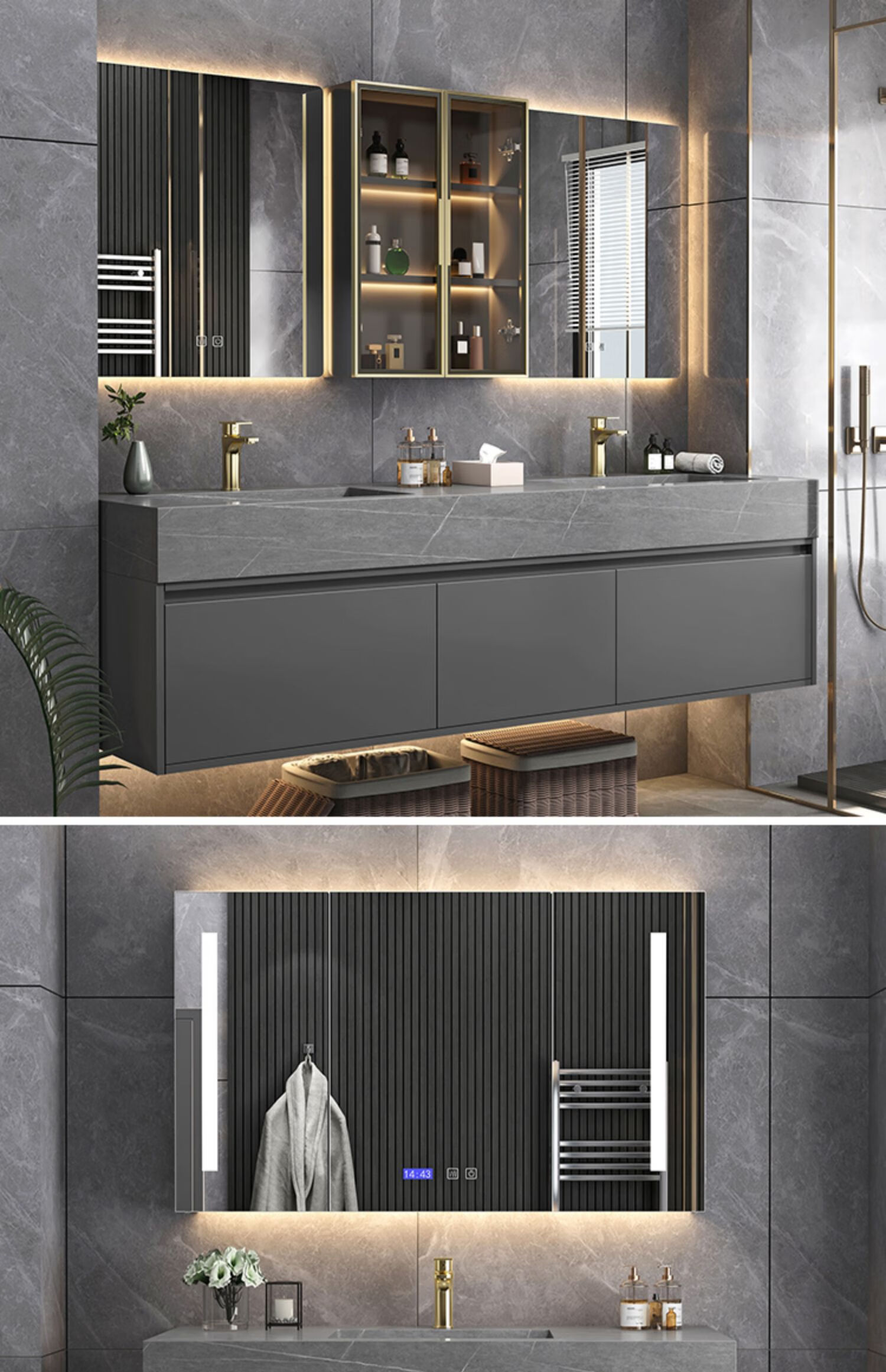 恒洁卫浴轻奢岩板一体双盆智能浴室柜组合简约现代洗手洗脸池卫生间