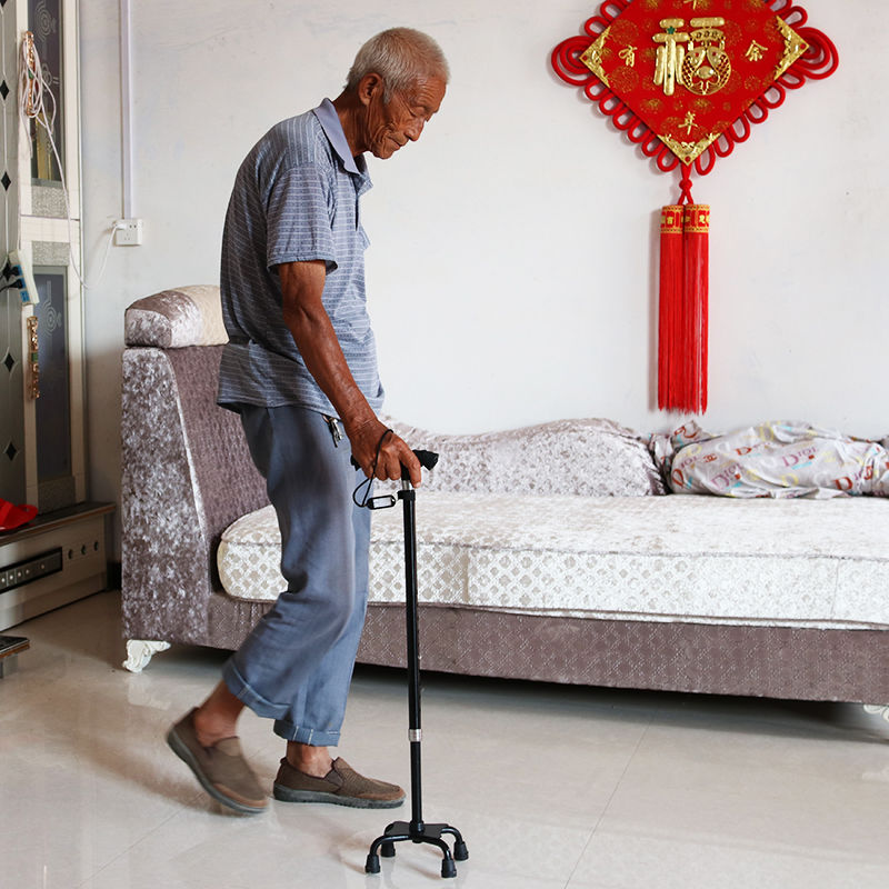 罗脉老人拐杖四脚手杖带灯老年人拐扶棍多功能铝合金轻便防滑伸缩拐杖